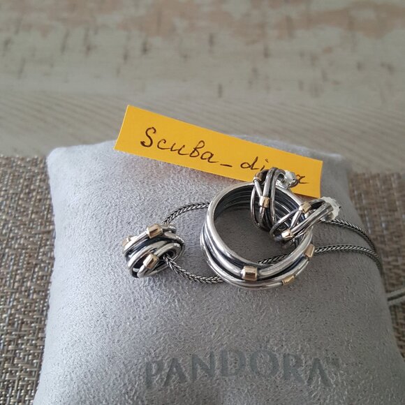 RARE Pandora Two-Tone Crossover Wrap Rope Ring 925 Silver 14K Gold Wide Band 8.5 - Picture 10 of 11